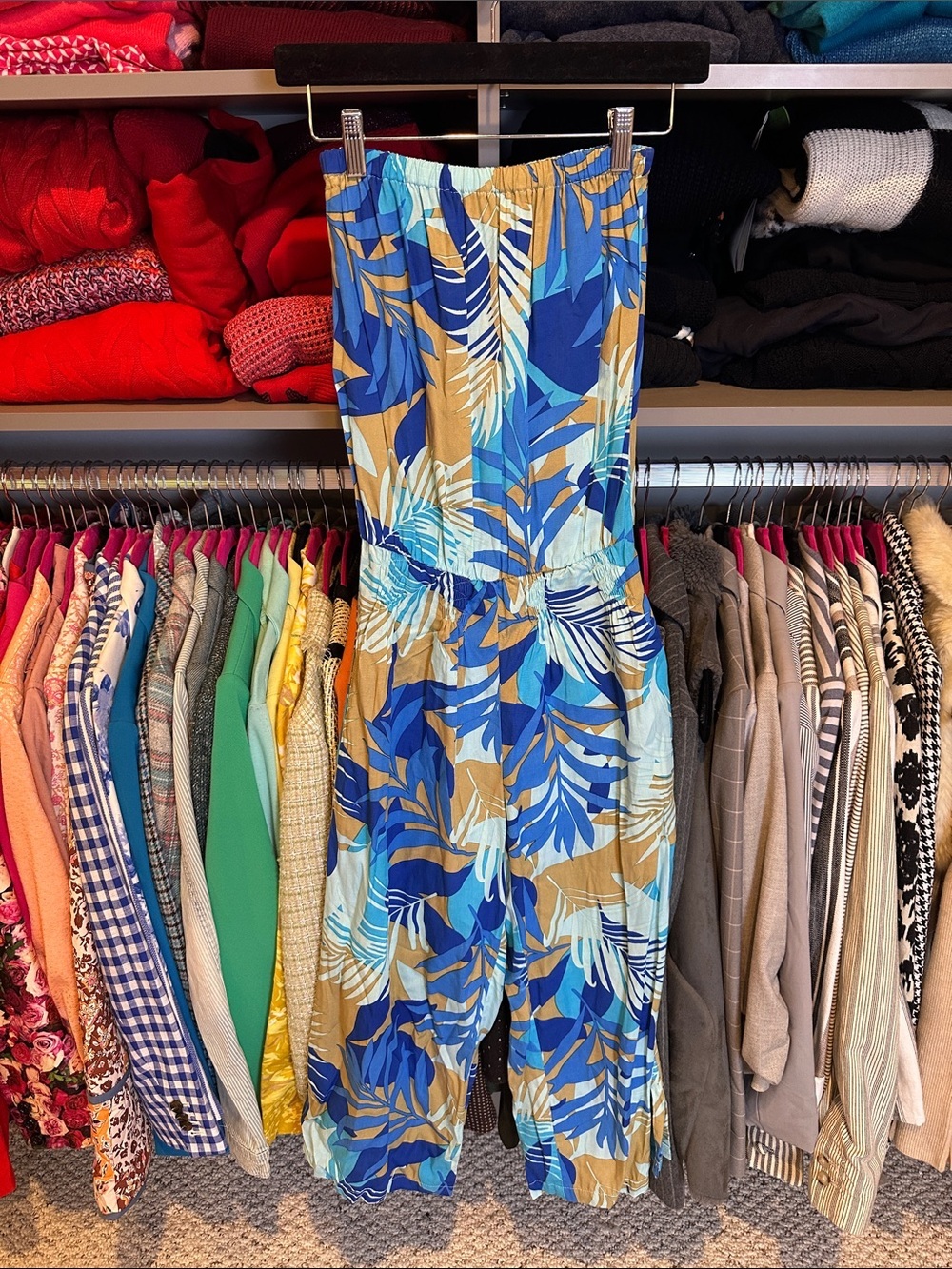 Santiki blue/tan strapless elastic waistband 2 pocket cropped jumpsuit size S